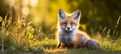 Fototapeta Naklejka Na Ścianę i Meble -  Curious red fox exploring the lush meadow on a sunny summer day, surrounded by vibrant greenery.