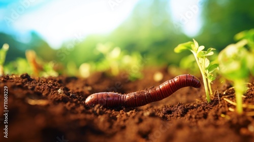 Closeup of a thriving earthworm, an indicator of healthy soil in sustainable agriculture practices. © Justlight