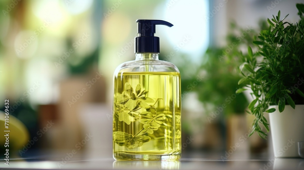 Closeup of a refillable glass soap dispenser with a handwritten dish soap label. Closeup of a refillable glass soap dispenser with a handwritten dish soap label.
