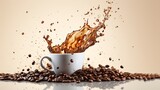 Coffee cup with splashes and flying beans on beige background, copy space available for text