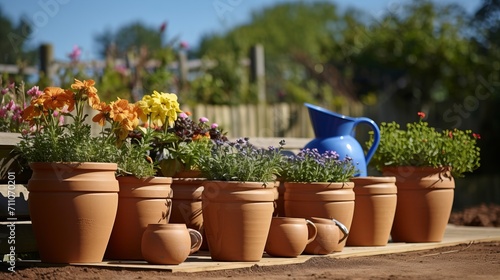 Gardening set of essential tools for gardeners and colorful flowerpots in a sunny garden scene