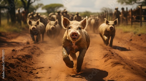 A pig running in a dusty field with other pigs following behind
