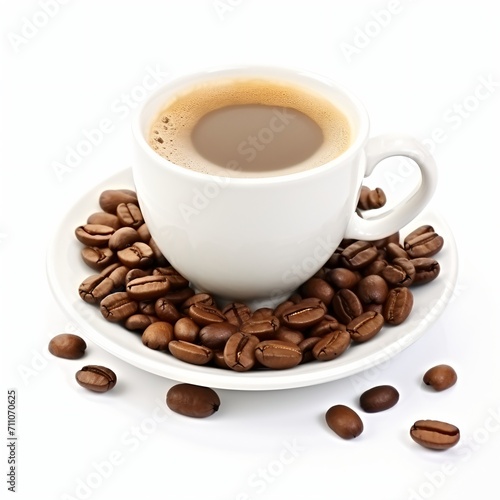 A cup of coffee on a saucer with coffee beans