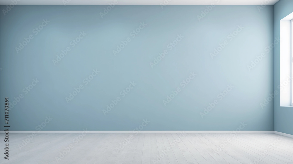 Neutral dusty blue color empty room with light from window in modern interior. Wall scene mockup for showcase with copy space. - obrazy, fototapety, plakaty 