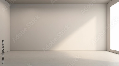 Light ivory color empty room with light from window in modern interior. Wall scene mockup for showcase. Wall with copy space. photo