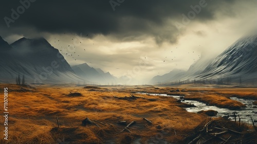 Gloomy mountain landscape with river and dead trees photo