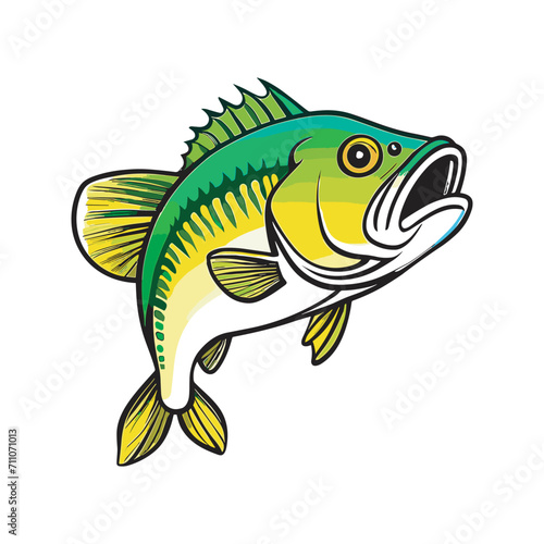 hand drawn art style green yellow black stripe bass fish vector illustration