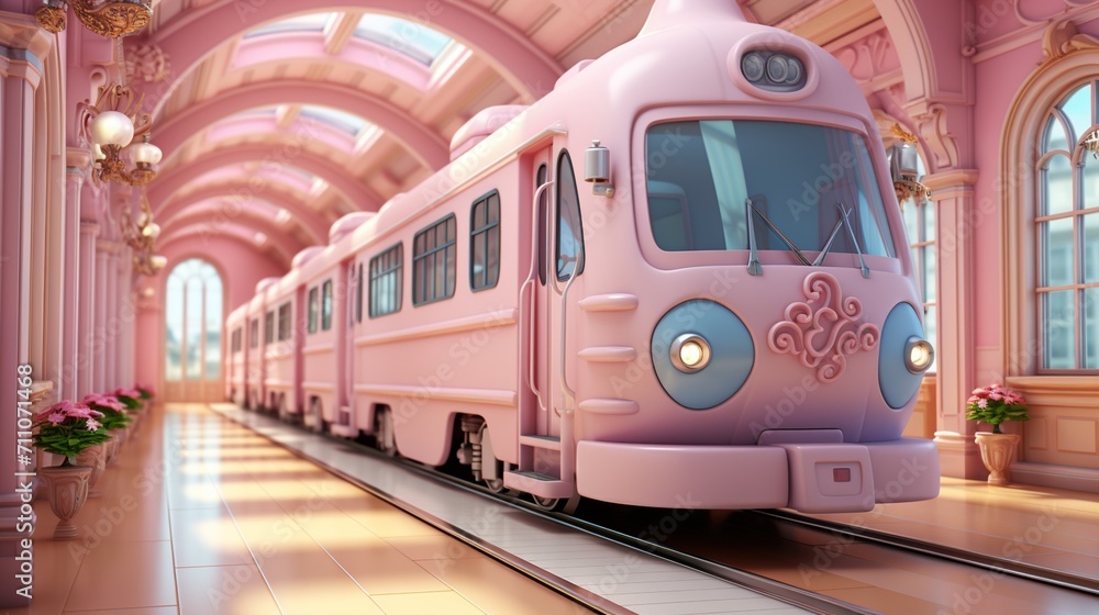 Obraz premium pink fantasy train station with a pink train