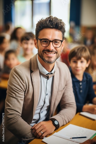 Male teacher sitting at his desk and smiling at the camera