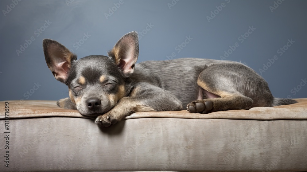 Comfortable cute dog sleeping on sofa with blank space for text on top left side of image