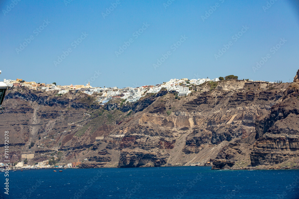 Santorini island. Greece. Wall of the Minoan caldera, with town of Thira