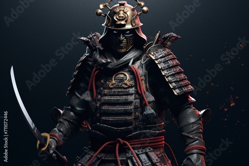 A samurai warrior in traditional armor and a helmet with a red scarf around his neck and two katanas in his hands