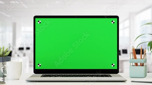 Close up shot of laptop on the desk with green screen chroma key, bright modern office in the background, 4k photo