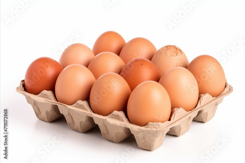 Organic farm fresh eggs in a cardboard box, neatly arranged and isolated on a clean white background © Eva