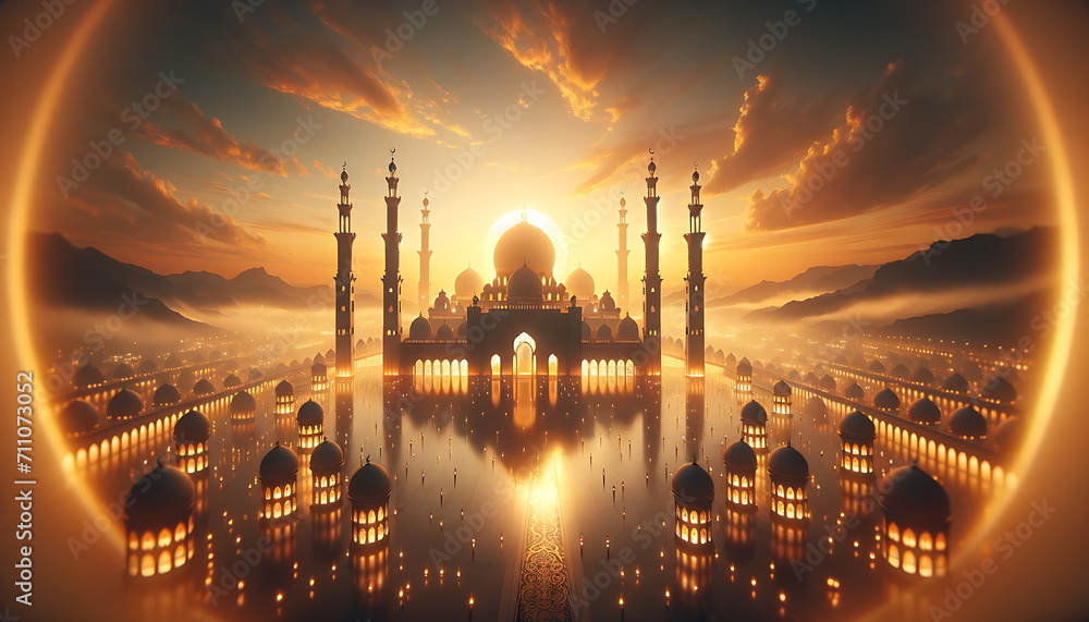 Obraz premium The elegance of a mosque in broad, warm tones of oranges, yellows, and golds. The mosque's graceful silhouettes are elegantly outlined against a vast, warm-colored backdrop.