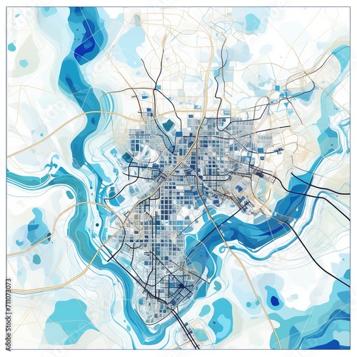 Blue and white abstract painting of a city map