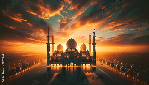 The elegance of a mosque in broad, warm tones of oranges, yellows, and golds. The mosque's graceful silhouettes are elegantly outlined against a vast, warm-colored backdrop.