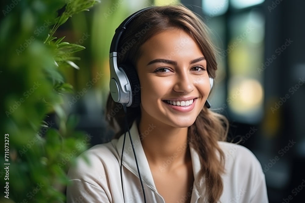 Smiling woman wearing headphones in an office Smiling woman wearing headphones in an office