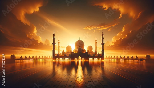 The elegance of a mosque in broad, warm tones of oranges, yellows, and golds. The mosque's graceful silhouettes are elegantly outlined against a vast, warm-colored backdrop.