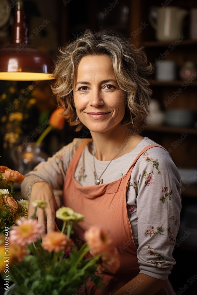 Portrait of a smiling Caucasian woman leaning on a table with flowers Portrait of a smiling Caucasian woman leaning on a table with flowers