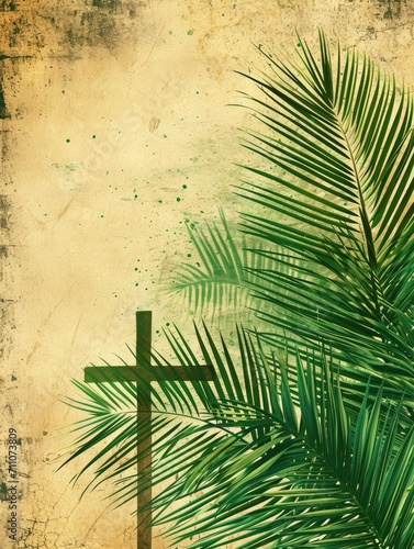 Palm sunday background. Cross and palm on vintage background - generative ai