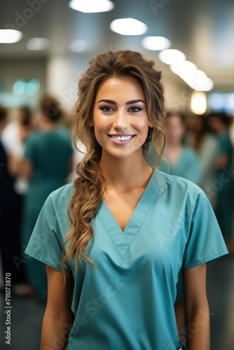 Confident female healthcare professional in scrubs smiling