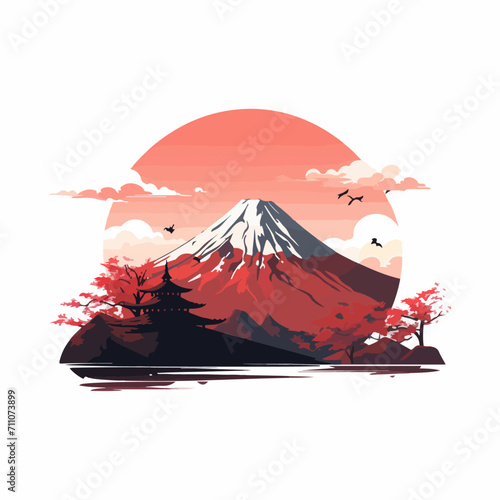 sunset scene japanese mountain fuji landscape outdoor view logo vector design illustration