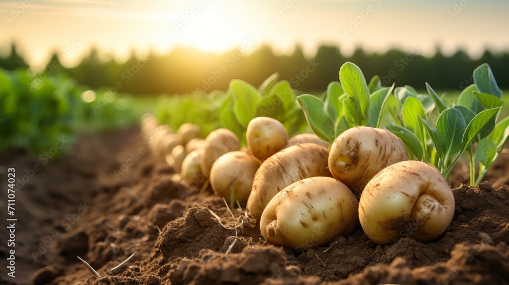 Bountiful fresh potato harvest growing on a vibrant plantation under the warm summer sun.