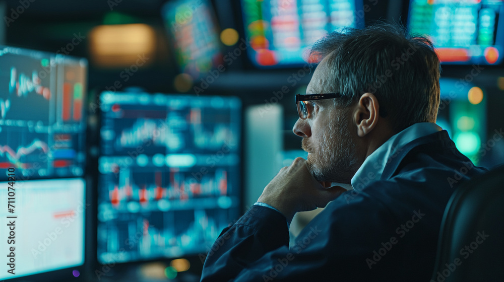 Trader monitoring prices, screens showing fluctuating market data Trader monitoring prices, screens showing fluctuating market data