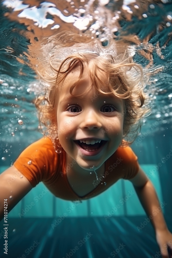 Toddler having fun swimming underwater