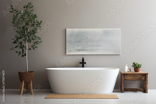 Bathroom with a large white bathtub and a plant