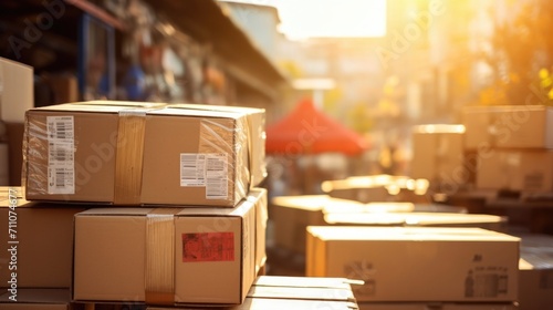 Closeup of a stack of flattened cardboard boxes ready for recycling. photo