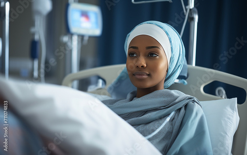 Horizontal portrait shot of attractive smiling adult Muslim patient wearing hijab. Islamic woman