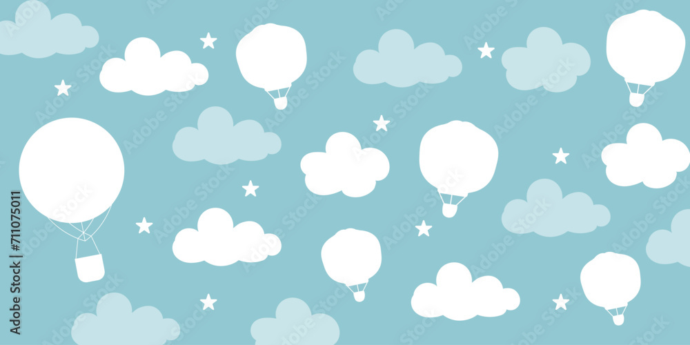hand drawn cute wallpaper with clouds, stars, air balloon and moon. Wallpaper for a little princess. vector Wallpaper.