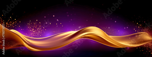 Golden Flowing Wave with Golden Splashes on Purple Background 