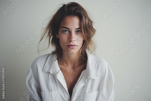 Portrait of a beautiful woman in a white shirt on a gray background