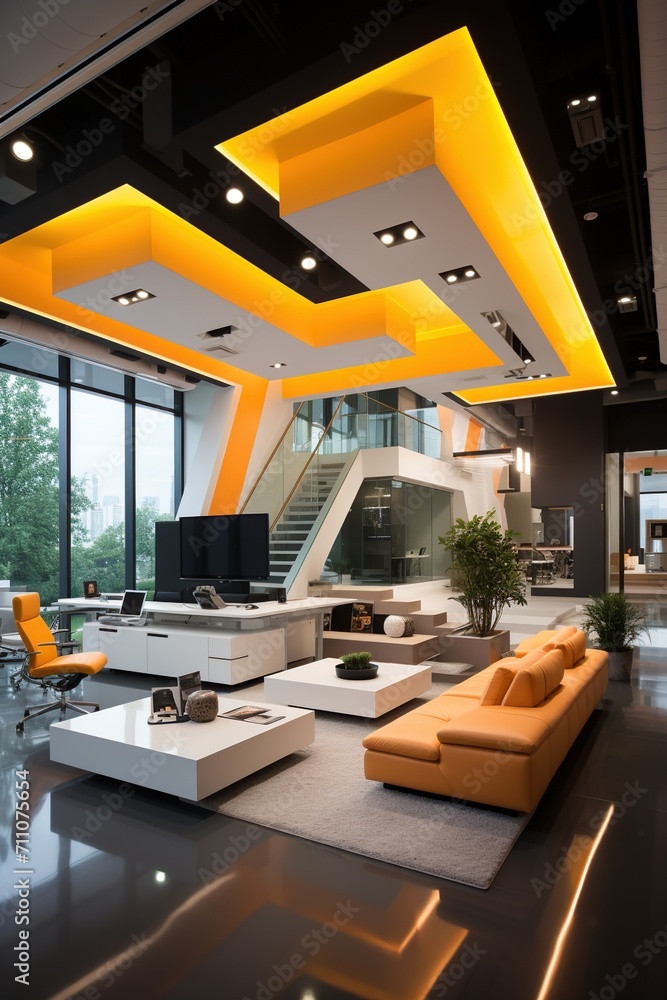 Obraz premium Office interior with modern furniture and bright orange accents