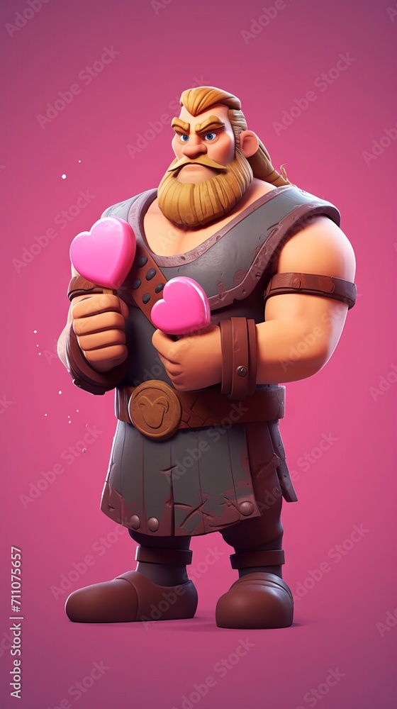 Obraz premium Illustration of a cartoon Viking with a heart in his hands. A brutal man in love with a symbol of love. Pink background with copy space. Concept: confession of feelings, Valentine's Day