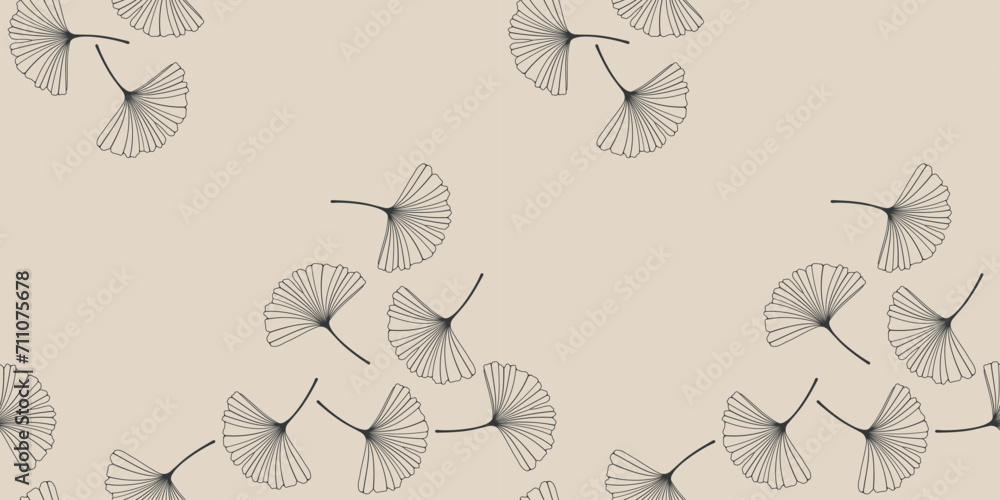 Seamless pattern with skeletonized gingko biloba leaves, veined, background in black and beige. Vector illustration EPS10 - obrazy, fototapety, plakaty 