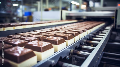 Confectionery factory modernized production line of chocolate candy on conveyor belt in operation photo