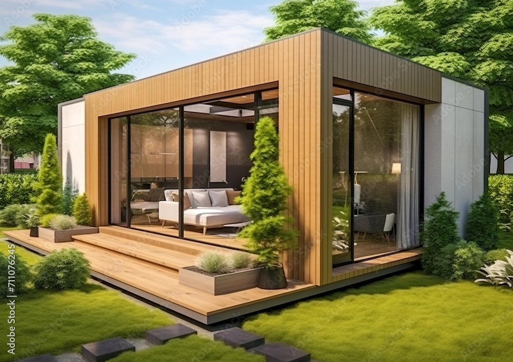 Small Modern Prefab Home with Large Glass Windows Surrounded by Trees Small Modern Prefab Home with Large Glass Windows Surrounded by Trees