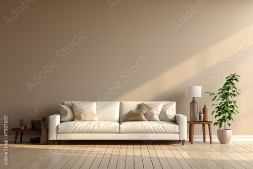 beige living room interior with white sofa and green plant