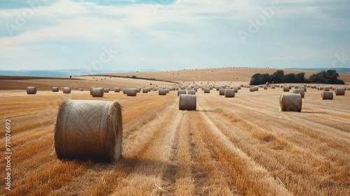 Field of hay bales under blue sky