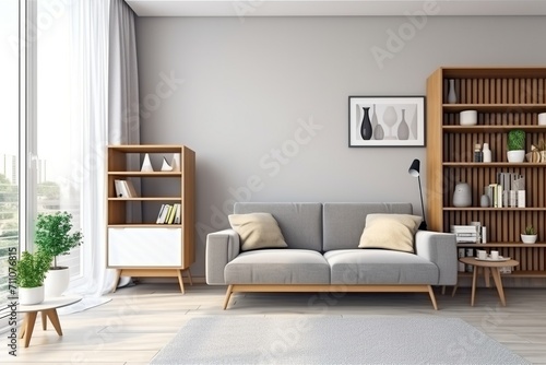 A bookshelf  a sofa  and a coffee table in a living room