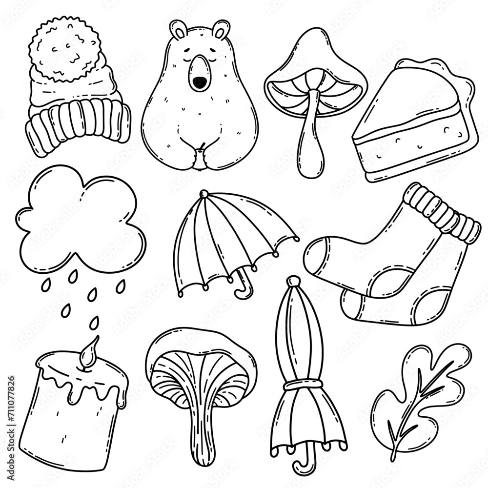 Autumn accessories vector set. Winter hat, socks, umbrella, piece of pie, candle, cloud, mushrooms, bear, leaf Autumn accessories vector set. Winter hat, socks, umbrella, piece of pie, candle, cloud, mushrooms, bear, leaf