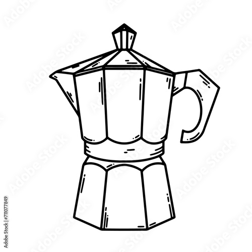 Coffee percolator for brewing Italian espresso coffee on a hot plat. Outline, linear style, line art vector