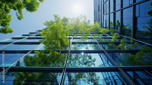 Eco-friendly building in the modern city. Sustainable glass office building with tree for reducing carbon dioxide. Office building with green environment. Corporate building reduce CO2 photo