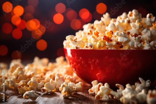 A red bowl of popcorn with a blurred background of orange and yellow lights
