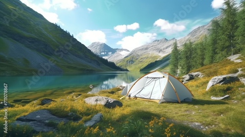 A camping tent in a nature hiking spot Relaxing during Ai Generative © Lucky