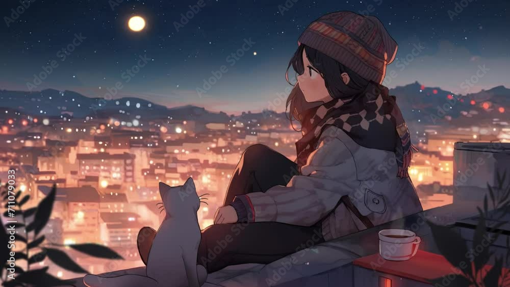 Lofi animation. Seamless loop. Girl and cats are on the roof. Assets were created with the help of an AI and then were manually modified and animated.